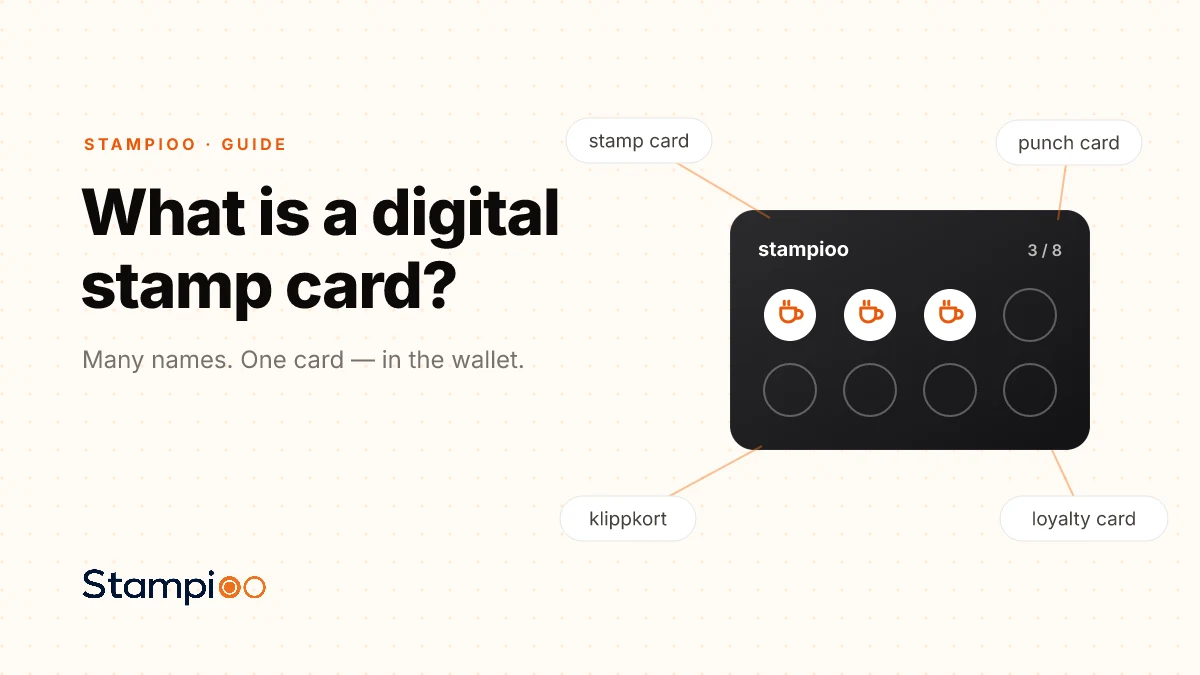 Illustration: the terms stamp card, punch card, klippkort and loyalty card all pointing at the same wallet card